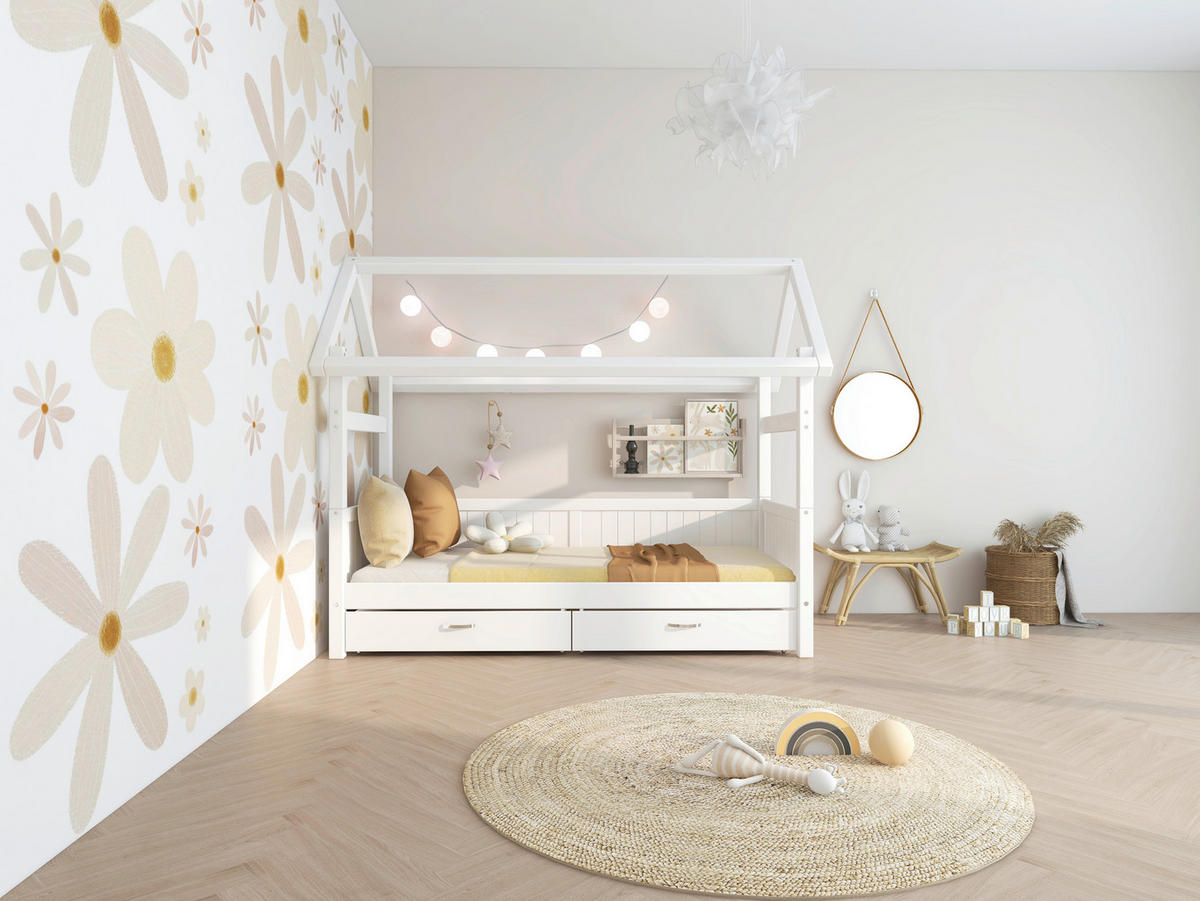 HAUSBETT 90/200 cm,  in Weiß, Rollrost, Bettschublade  - Weiß, MODERN, Holz (90/200cm) - Chameo