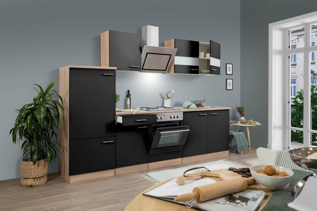 KÜCHENBLOCK 270 cm   in Schwarz  - Edelstahlfarben/Eichefarben, Basics, Holzwerkstoff/Metall (270cm) - Respekta