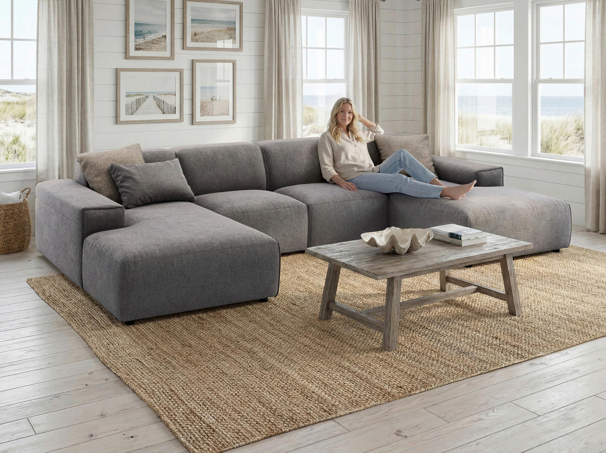 WOHNLANDSCHAFT Graubraun Cord  - Graubraun/Schwarz, MODERN, Kunststoff/Textil (189/340/189cm) - Pure Home Lifestyle