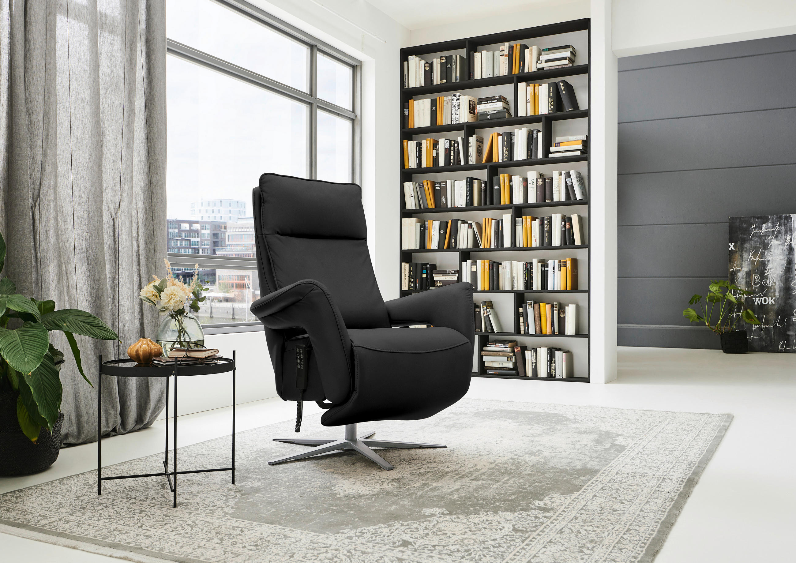 RELAXSESSEL in Leder Schwarz  - Edelstahlfarben/Schwarz, Design, Leder/Metall (79-83/116/87-176cm) - Valdera