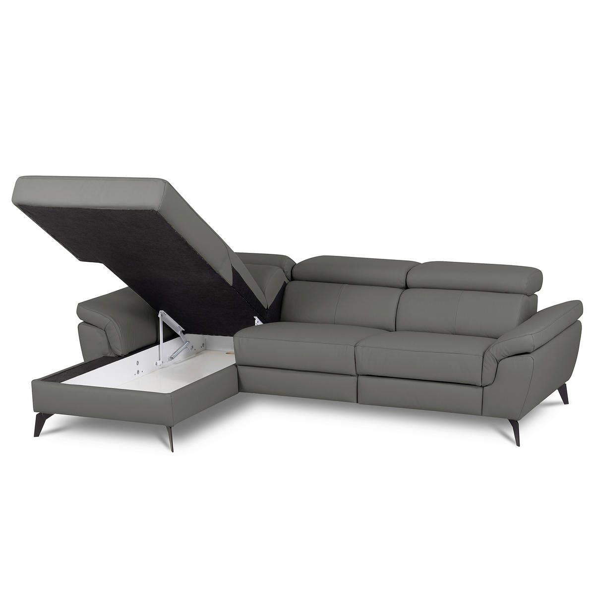 ECKSOFA SONO in Lederlook Echtleder Anthrazit Bettkasten, Armteilverstellung, Kopfteilverstellung  179/252 cm  - Anthrazit/Schwarz, Design, Leder/Textil (179/252cm) - Livetastic