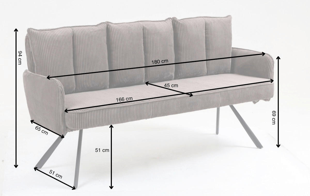 SITZBANK 180/93/67 cm Cord Dunkelgrau  - Dunkelgrau/Schwarz, Design, Textil/Metall (180/93/67cm) - Novel