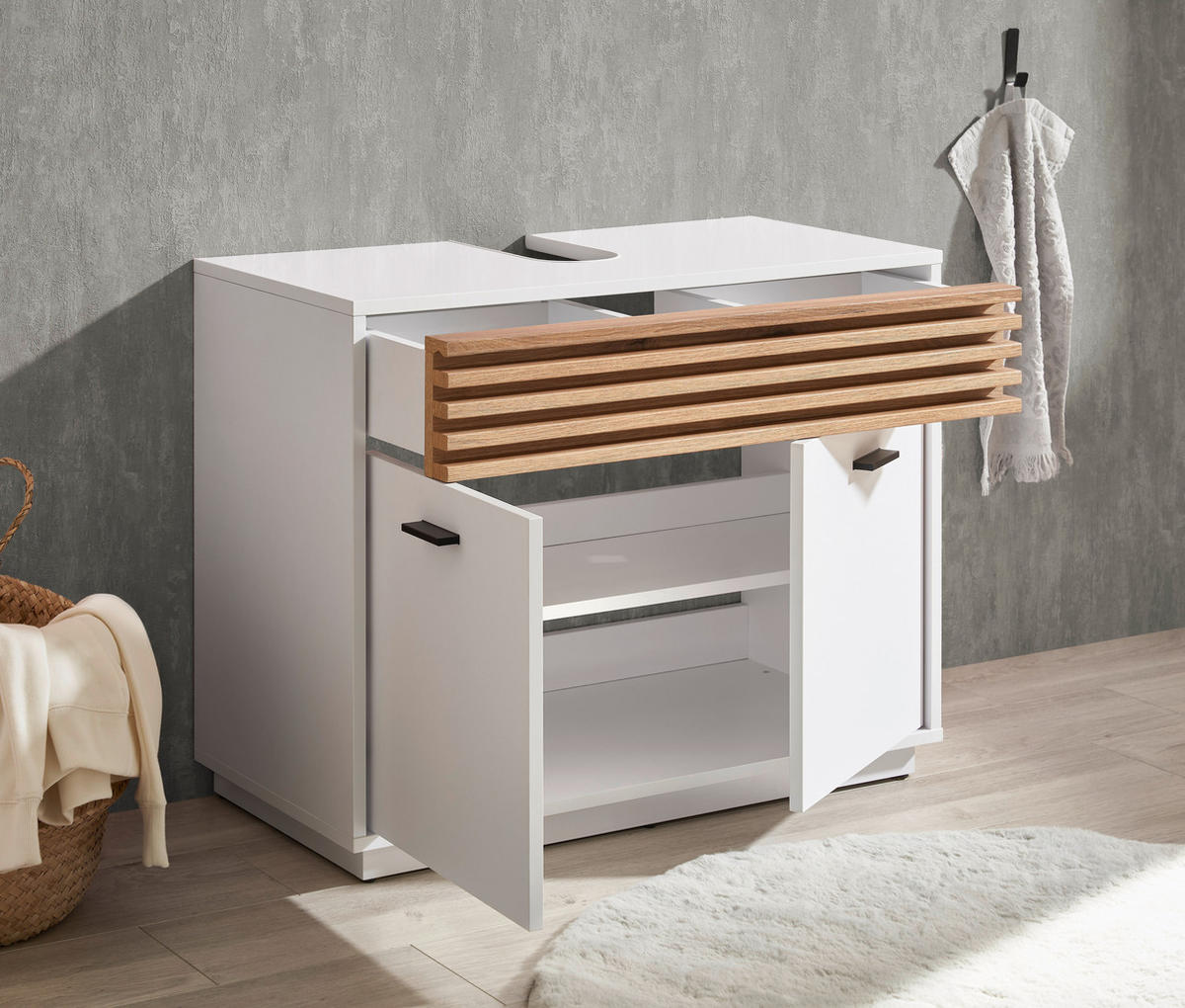 SKŘÍŇKA POD UMYVADLO, bílá - bílá/černá, Konvenční, kompozitní dřevo/plast (80/64/40cm) - Xora