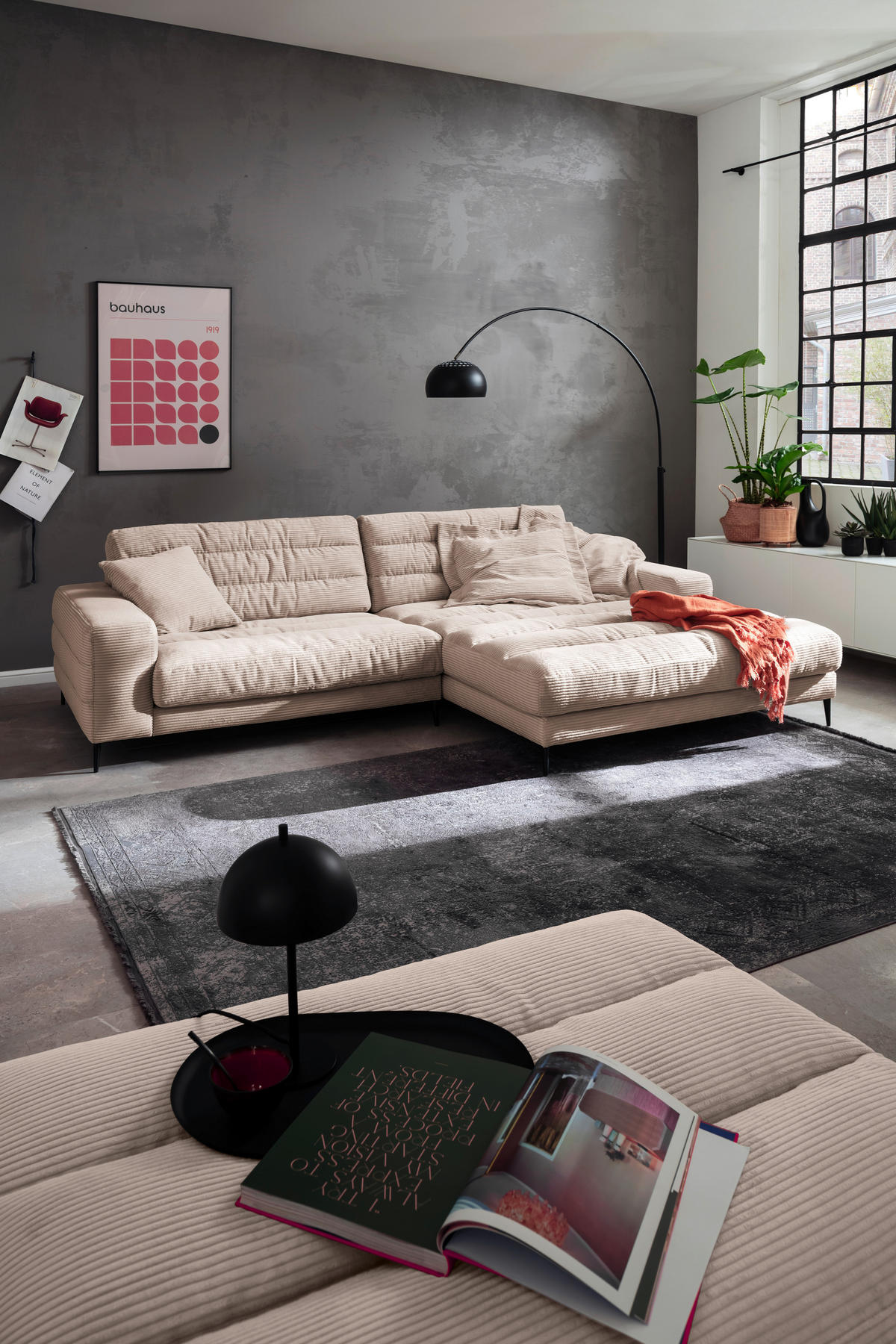 HOCKERBANK 90/83/125 cm Cord Taupe Metall  - Taupe/Schwarz, Design, Textil/Metall (90/83/125cm) - Dieter Knoll