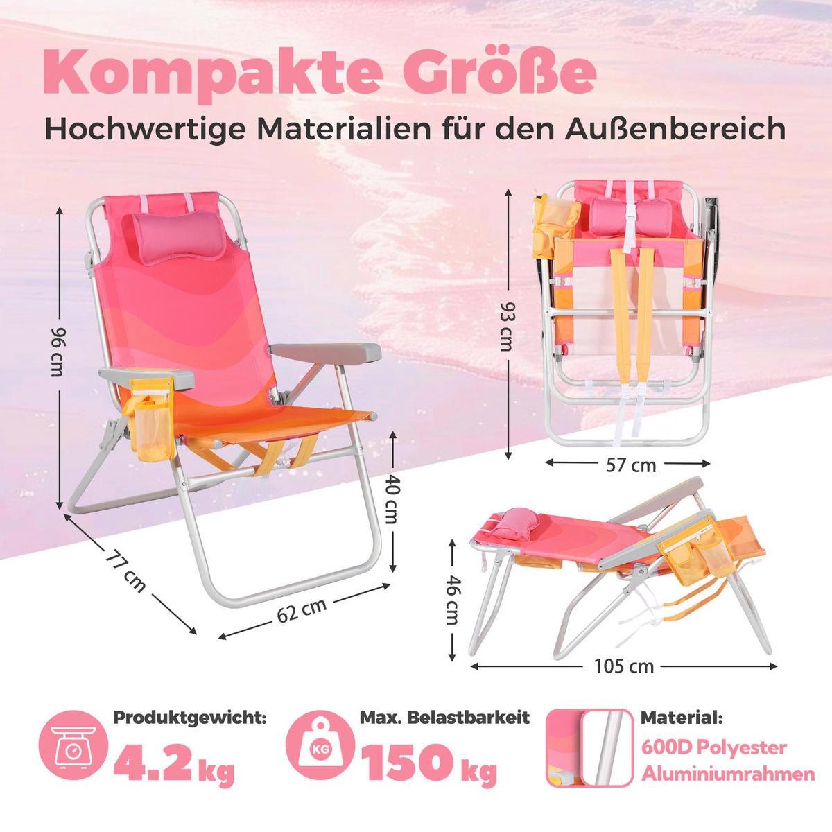 STRANDSTUHL Aluminium Alufarben, Pink  - Pink/Alufarben, Basics, Textil/Metall (62/77/96cm) - Modante