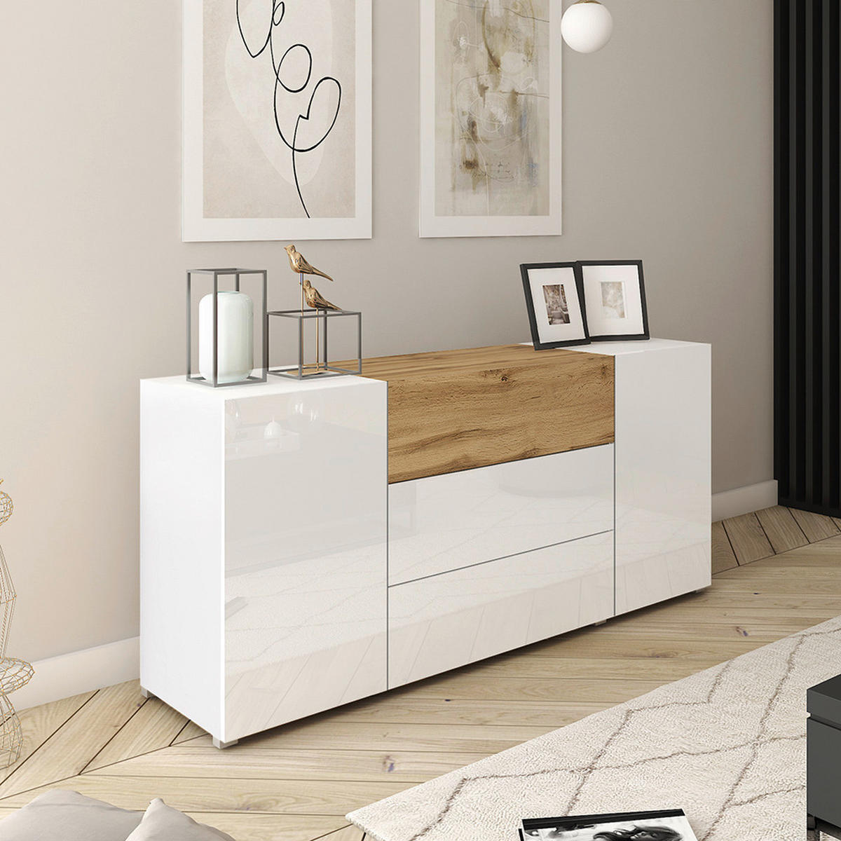 ŠIROKÁ KOMODA, bílá, dub wotan, 150/68/38,5 cm - šedá/bílá, Design, kompozitní dřevo/plast (150/68/38,5cm) - MID.YOU