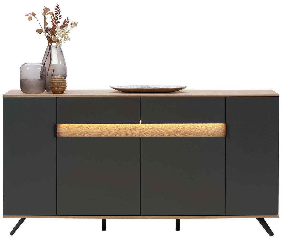 ŠIROKÁ KOMODA, antracitová, barvy dubu, 180,6/82/42 cm - černá/barvy dubu, Moderní, kov/kompozitní dřevo (180,6/82/42cm) - Dieter Knoll