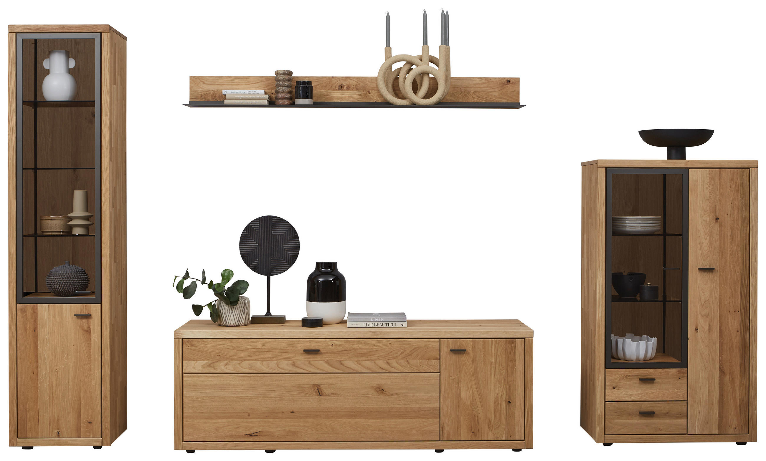 WOHNWAND  in Dunkelgrau, Wildeiche  324/202/45 cm  - Wildeiche/Dunkelgrau, Design, Glas/Holz (324/202/45cm) - Valnatura