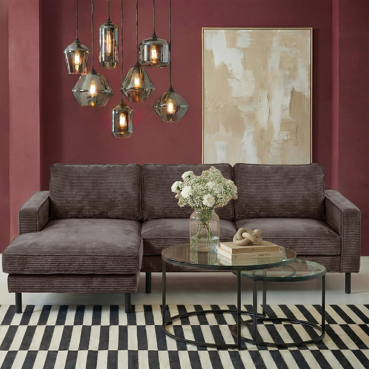 ECKSOFA Taupe Cord Bettkasten, Schlaffunktion, Rücken echt  - Taupe/Schwarz, Design, Textil/Metall (166/238cm) - Livetastic