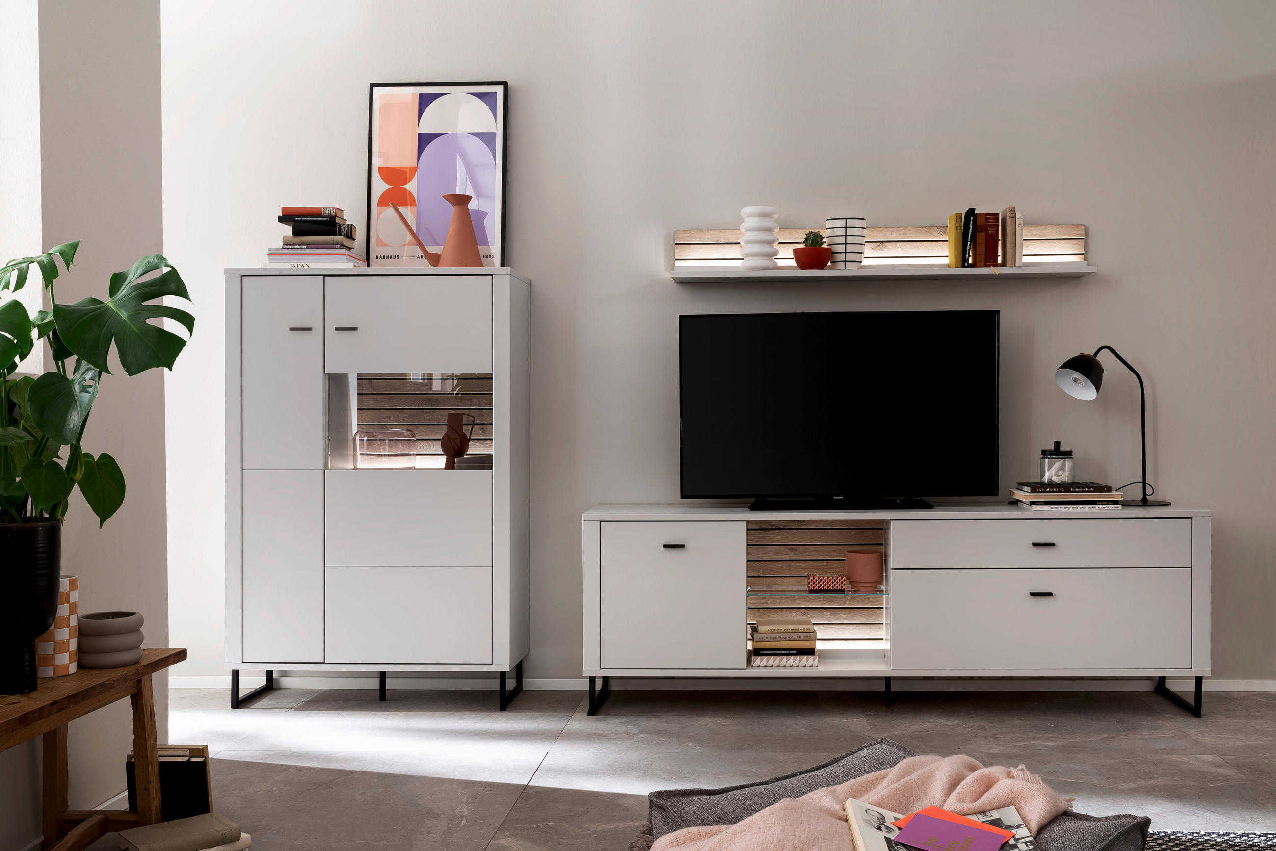 WOHNWAND in Weiß, Eichefarben 326/152/44 cm - Eichefarben/Anthrazit, Design, Glas/Holzwerkstoff (326/152/44cm) - Stylife