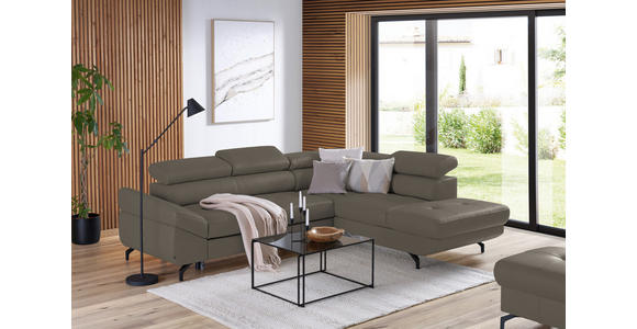 ECKSOFA in Echtleder Graubraun - Graubraun/Schwarz, Design, Leder/Metall (270/220cm) - Novel