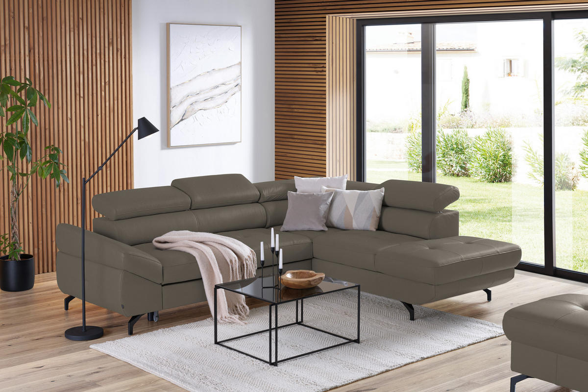 ECKSOFA in Echtleder Graubraun  - Graubraun/Schwarz, Design, Leder/Metall (270/220cm) - Novel