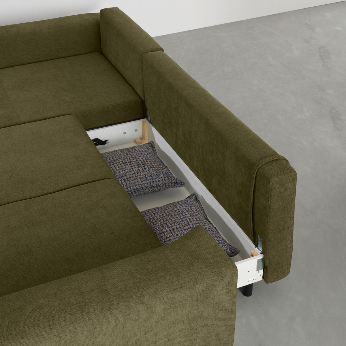 ECKSOFA inkl. Funktionen Olivgrün Webstoff Rückenkissen, Bettkasten, Schlaffunktion, Rücken echt  - Wengefarben/Schwarz, Design, Holz/Textil (211/314cm) - Stylife