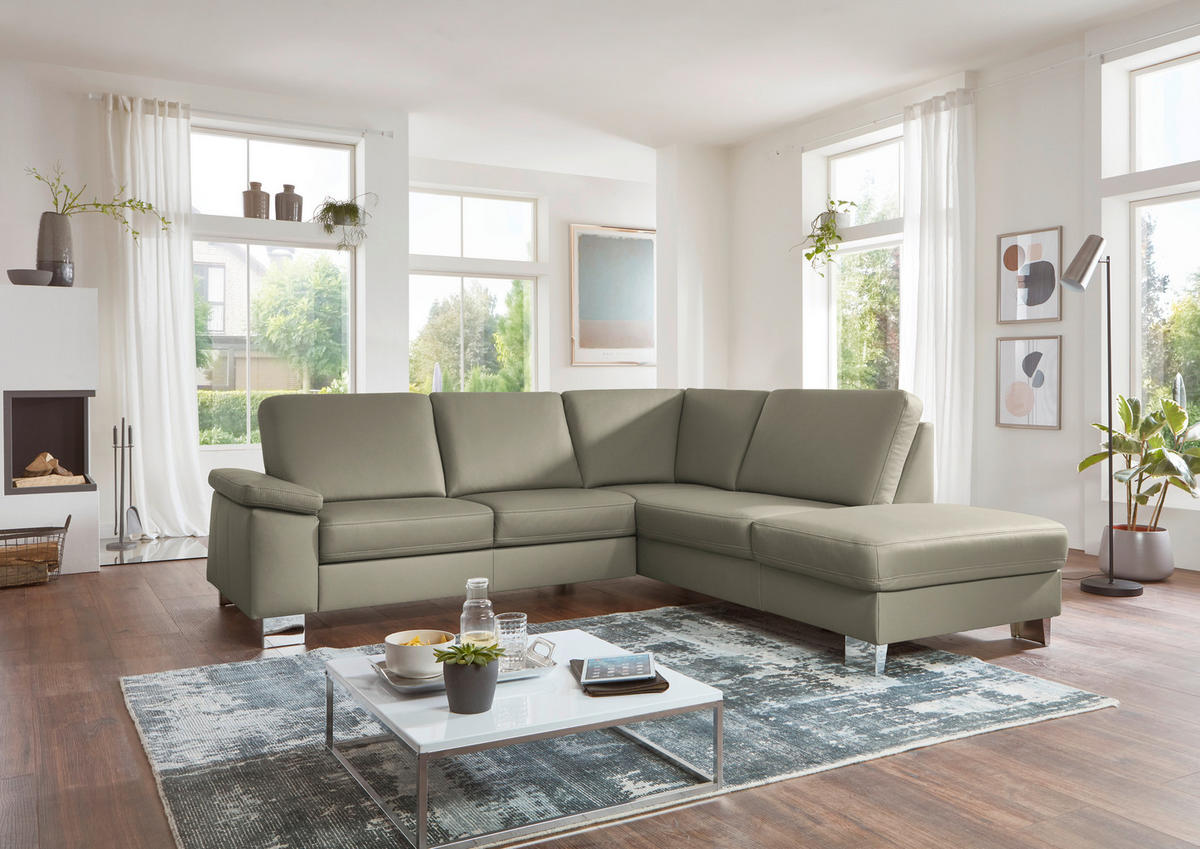 ECKSOFA  in Echtleder Grau  248/235 cm  - Beige/Alufarben, Design, Leder/Metall (248/235cm) - Beldomo Premium