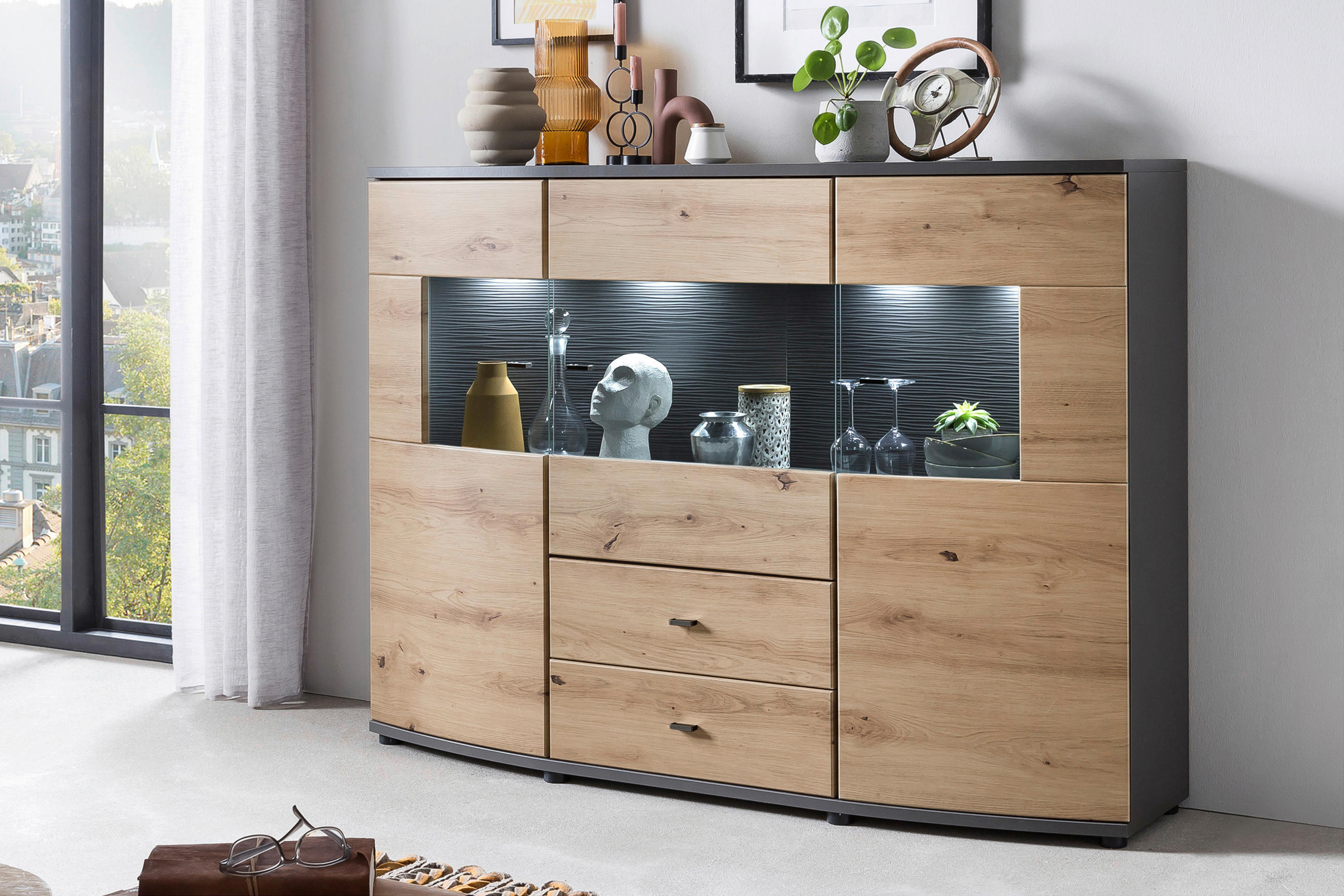KOMODA VISOKA 160/117/41,6 cm smeđa, siva - siva/smeđa, Lifestyle, staklo/drvni materijal (160/117/41,6cm) - Livetastic