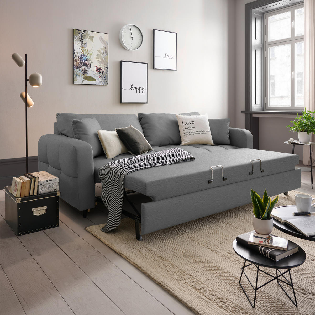 SCHLAFSOFA Webstoff Grau Stoffauswahl, Bettfunktion erhältlich, Rücken echt, Armteil links, Armteil rechts  - Schwarz/Grau, Design, Holz/Textil (236/88/101cm) - Lomoco
