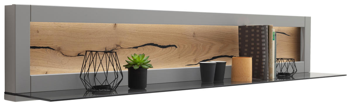POLICA ZIDNA siva, boje hrasta  staklo, drvni materijal  - siva/boje hrasta, Design, staklo/drvni materijal (150/28/25cm) - MID.YOU