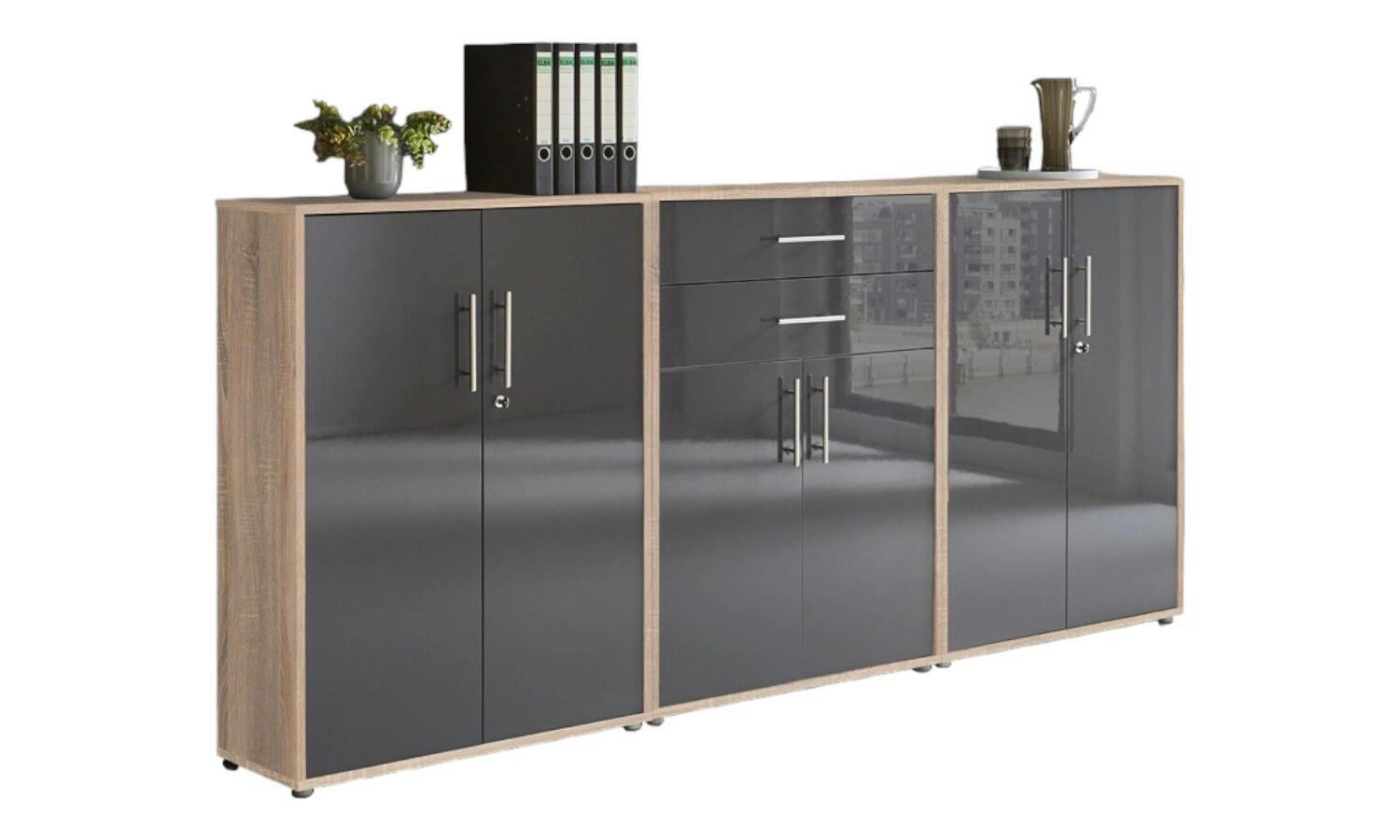 AKTENSCHRANK Sonoma Eiche, Anthrazit Hochglanz  - Anthrazit Hochglanz/Sonoma Eiche, MODERN, Holzwerkstoff (253,2/113,6/33cm) - MID.YOU