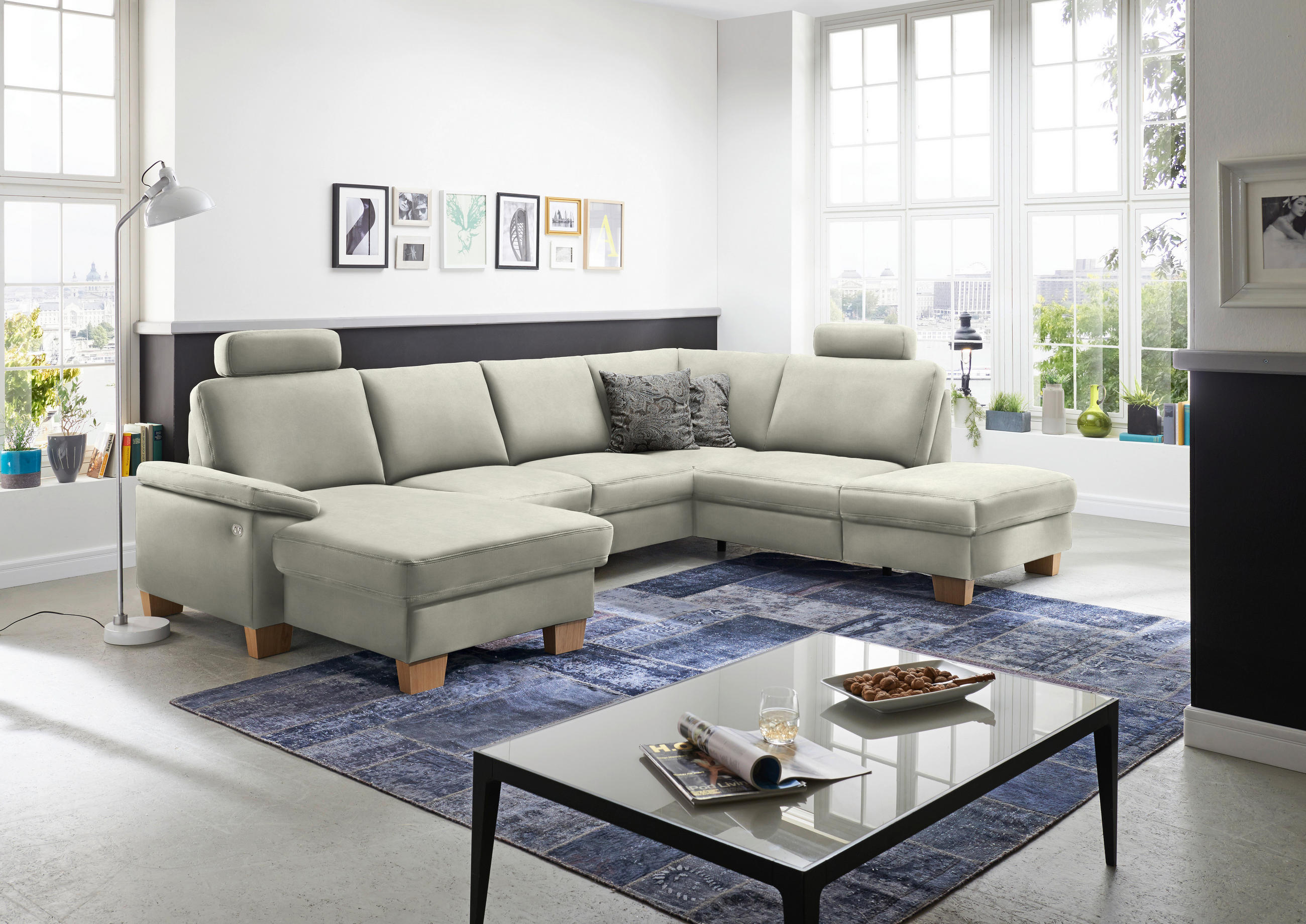 WOHNLANDSCHAFT in Velours Ecru  - Ecru/Eichefarben, Konventionell, Holz/Textil (167/316/235cm) - Beldomo System