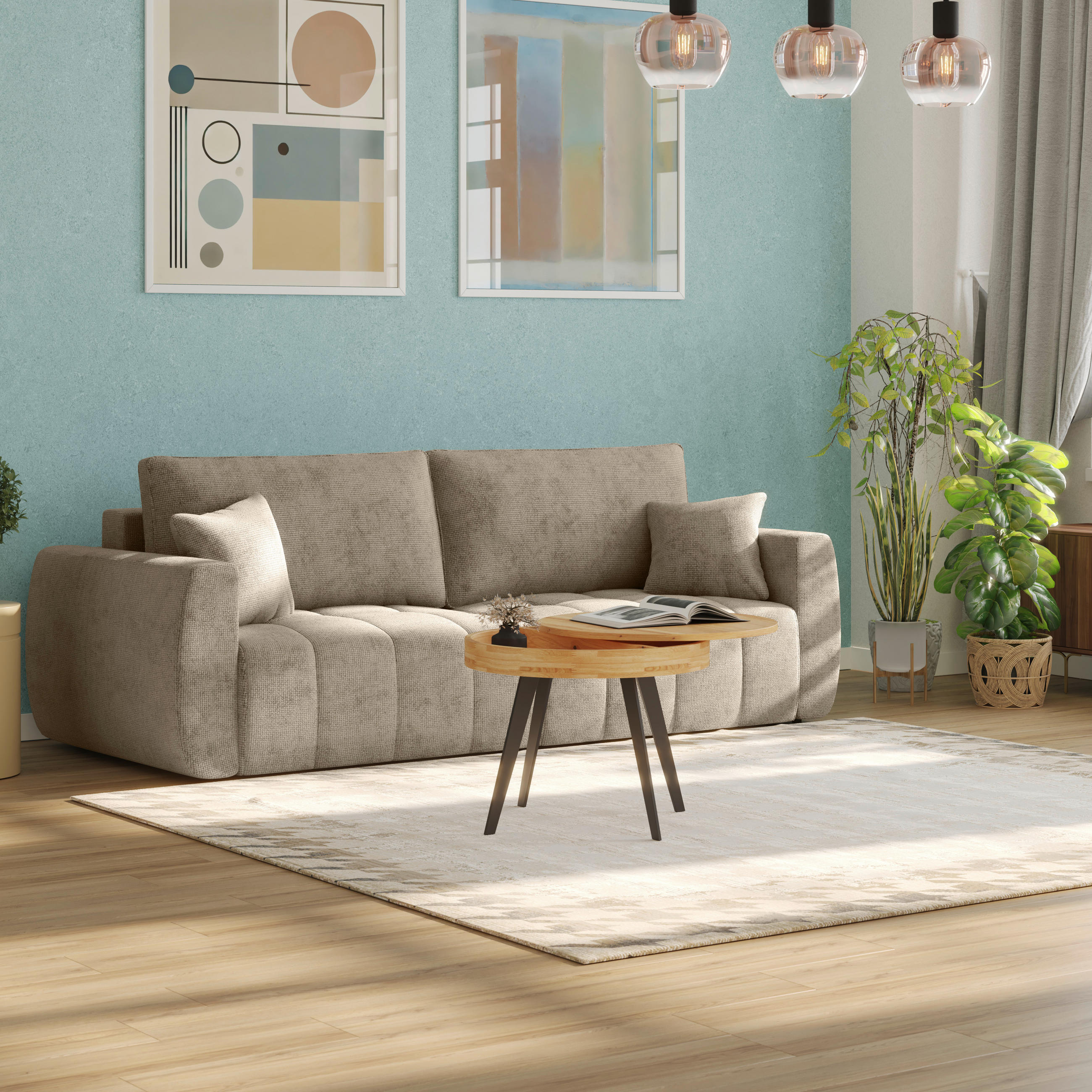 SCHLAFSOFA  mit Stoffauswahl Webstoff Hellbraun  - Hellbraun/Schwarz, MODERN, Holz/Textil (245/74-90/104cm) - MID.YOU