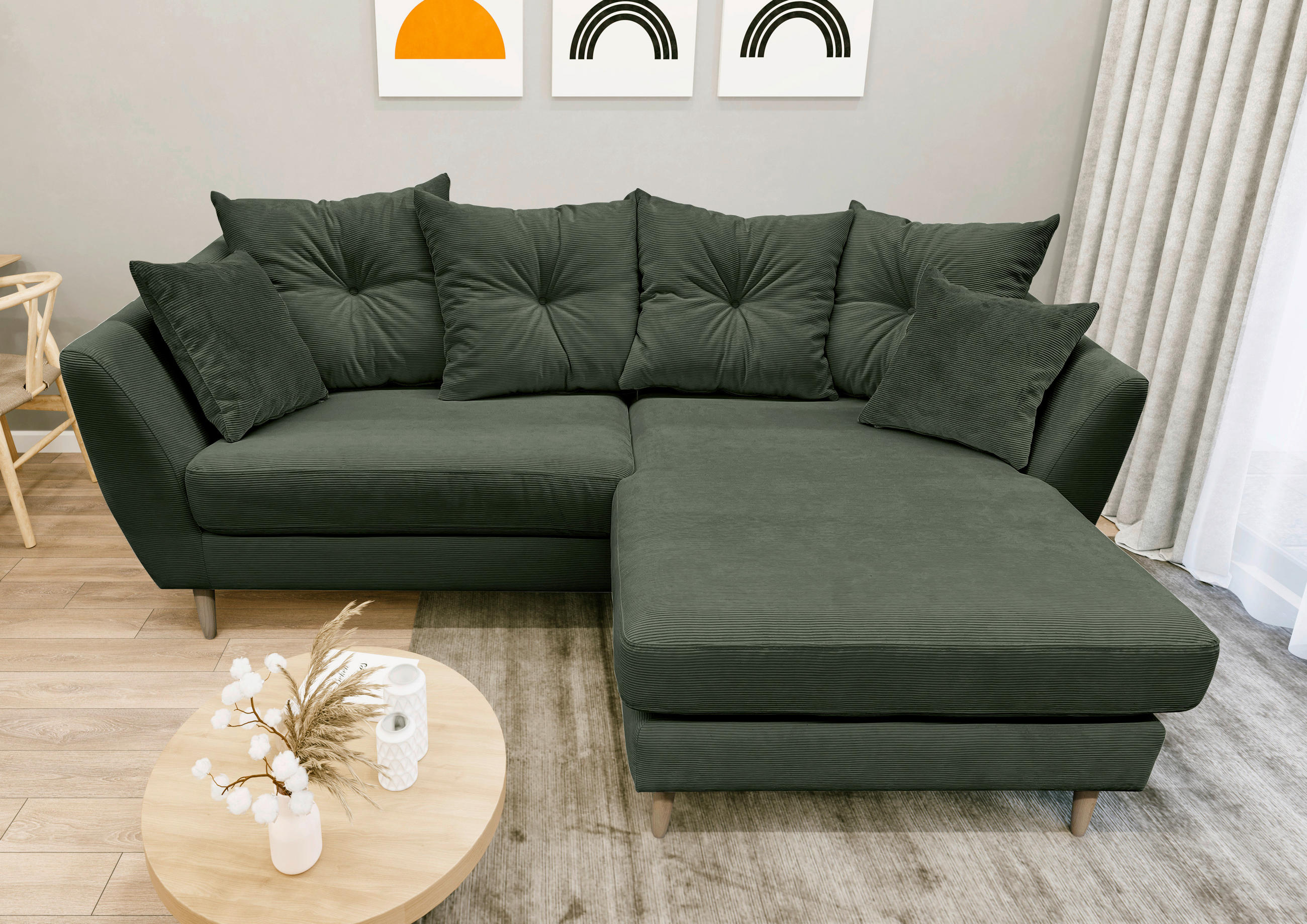 ECKSOFA Olivgrün Feincord  - Buchefarben/Olivgrün, KONVENTIONELL, Holz/Textil (211/154cm) - Carryhome