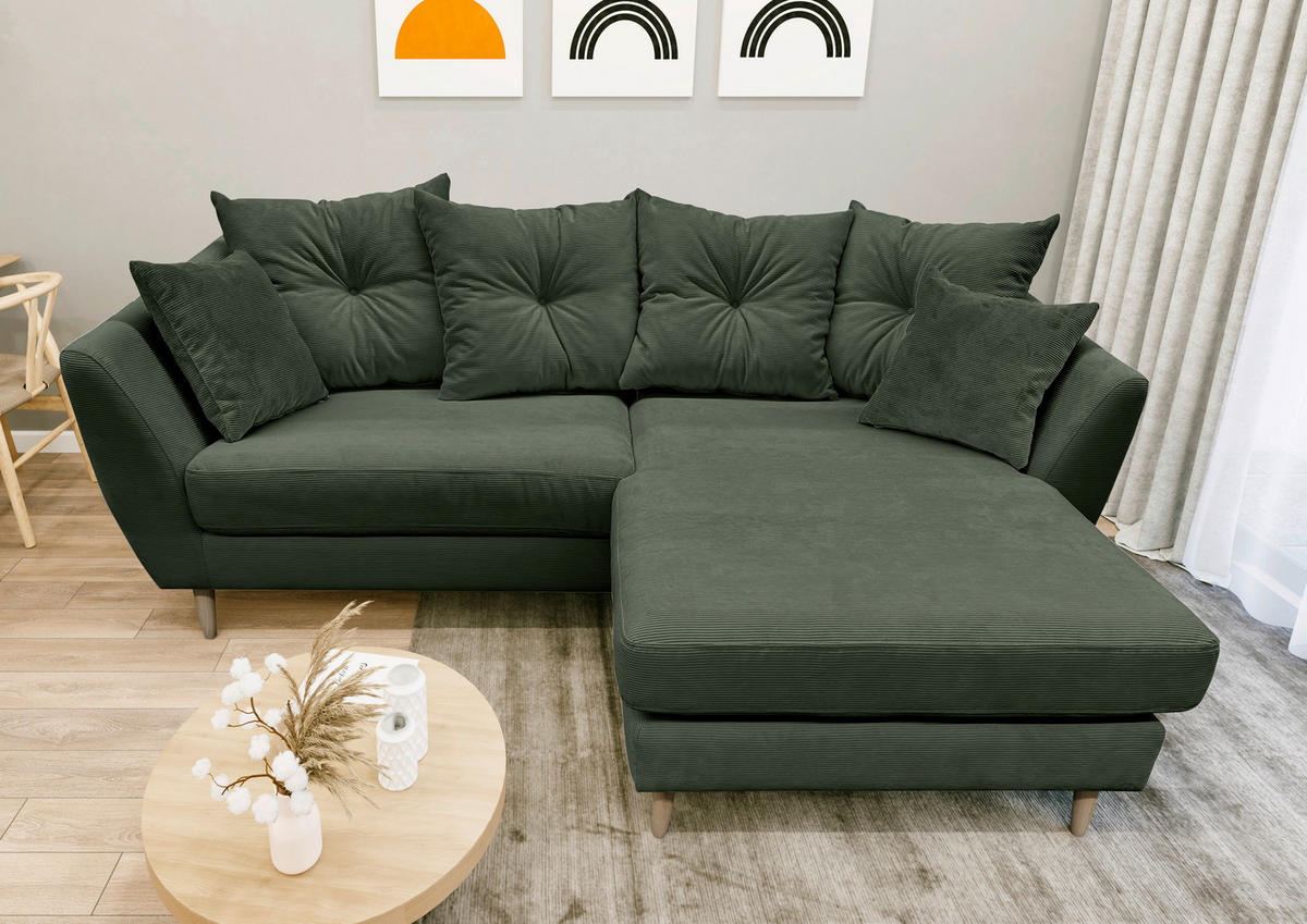 ECKSOFA Olivgrün Feincord  - Buchefarben/Olivgrün, KONVENTIONELL, Holz/Textil (211/154cm) - Carryhome