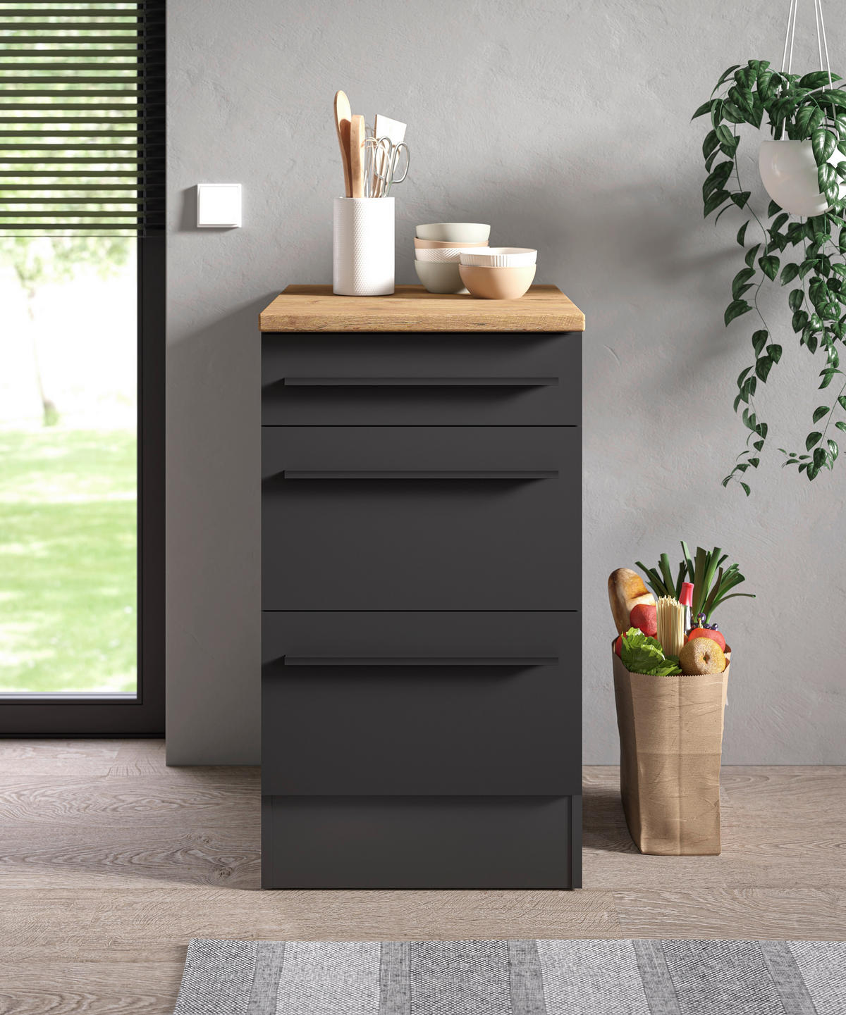 SCHUBKASTENUNTERSCHRANK 50/90/60 cm  in Schwarz  - Eichefarben/Schwarz, Design, Holzwerkstoff/Kunststoff (50/90/60cm) - P & B