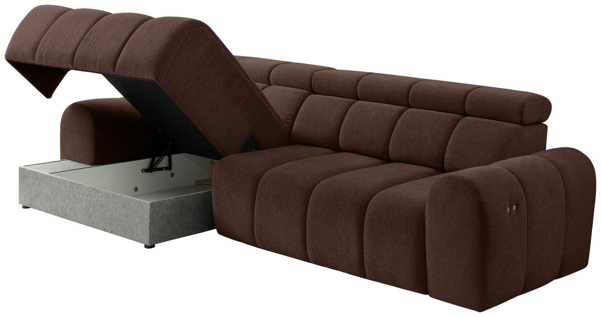 ECKSOFA Dunkelbraun Chenille Bettkasten, Rücken echt, Relaxfunktion, Kopfteilverstellung  - Dunkelbraun/Schwarz, Design, Kunststoff/Textil (152/290cm) - Stylife