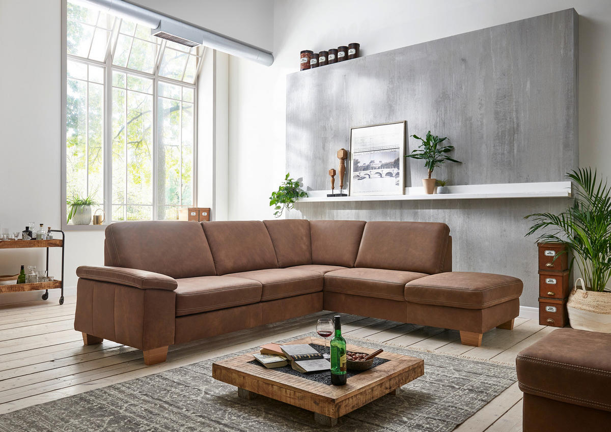 ECKSOFA in Echtleder Braun  235/274 cm  - Eichefarben/Beige, KONVENTIONELL, Leder/Holzwerkstoff (235/274cm) - Beldomo Premium