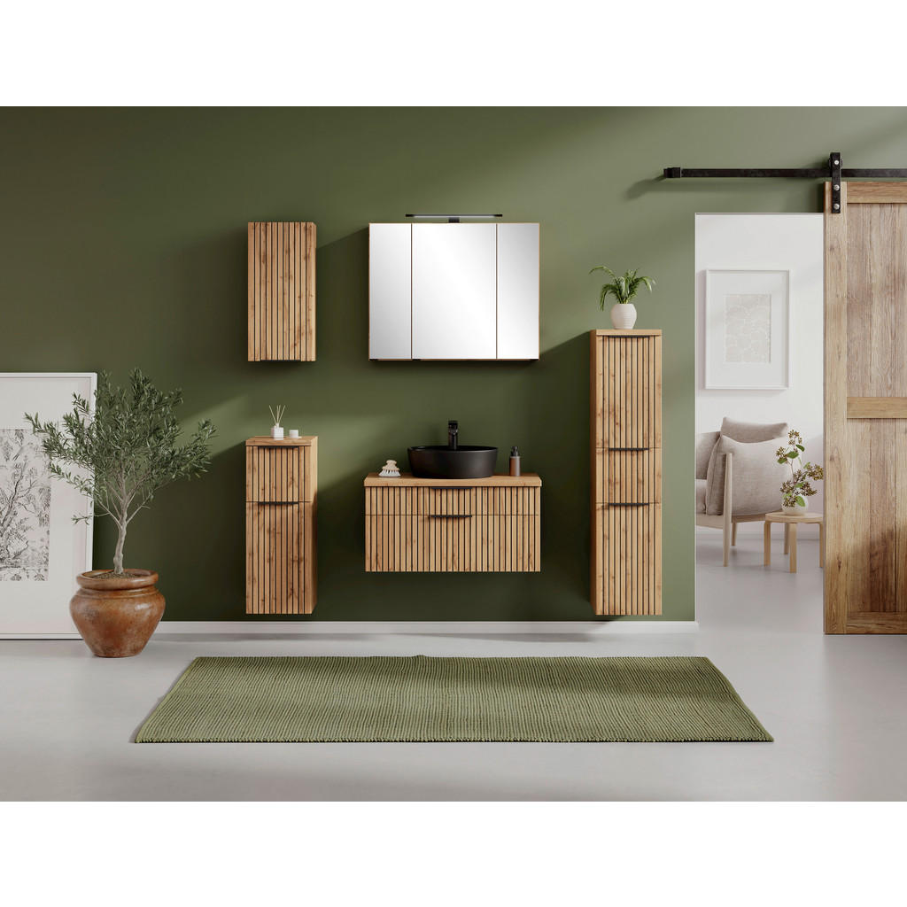 Thumbnail - Held Midischrank, Schwarz, Eiche Wotan, Metall, 1 Schubladen, 30x130x35 cm, hängend, stehend, Badezimmer, Badezimmerschr...