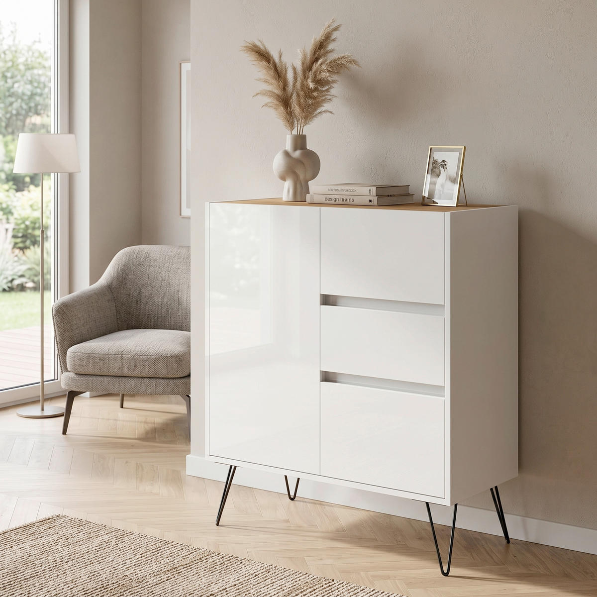SIDEBOARD Posseik Industrial 76/93,6/42 cm 3 Schublade(n)  - Weiß Hochglanz/Eichefarben, Design, Holzwerkstoff/Metall (76/93,6/42cm) - MID.YOU