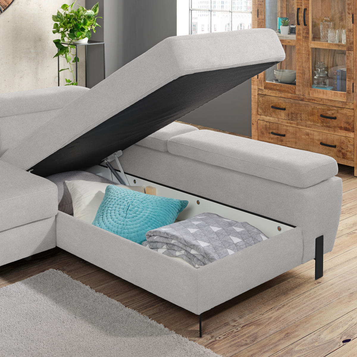 HÖRNSOFFA i vävt tyg ljusgrå  - ljusgrå/svart, Modern, metall/trämaterial (277/90/189cm) - MID.YOU