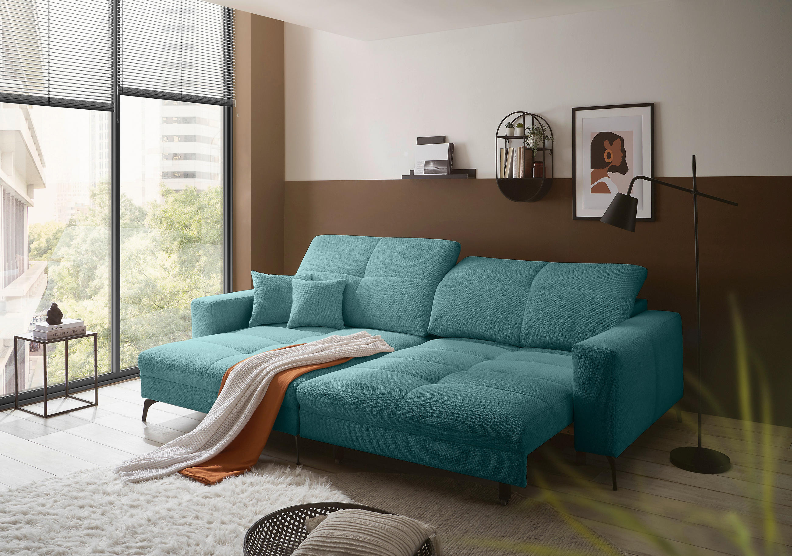 Thumbnail - SetOne by Musterring Ecksofa, Petrol, Textil, 3-Sitzer, Ottomane links, L-Form, 285x180 cm, Stoffauswahl, seitenverkehrt...