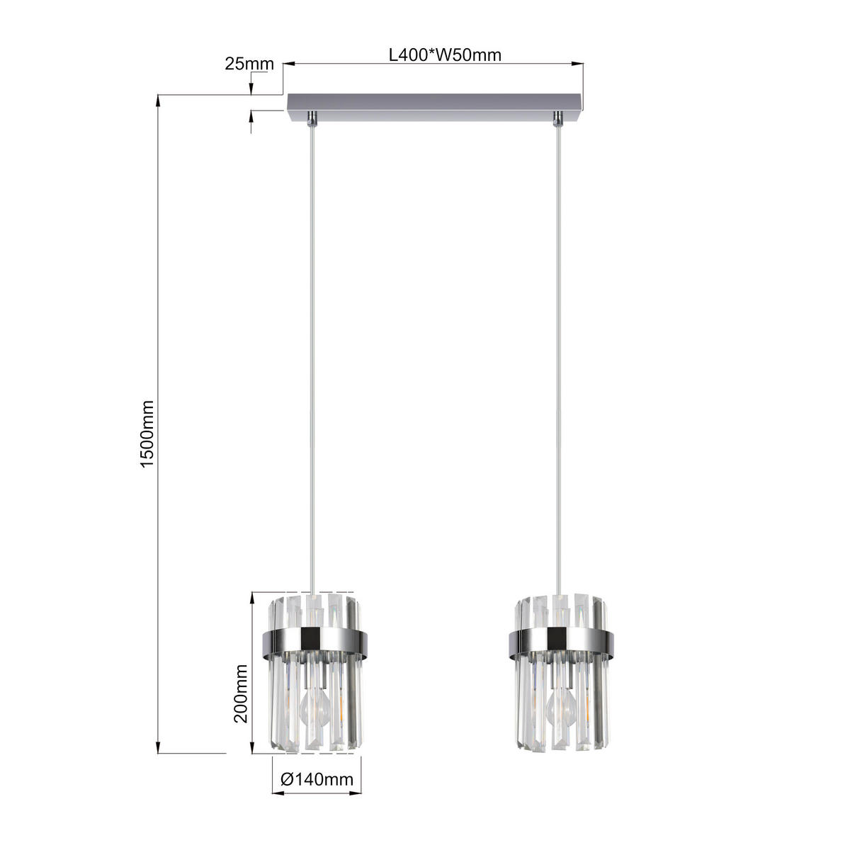 HÄNGELEUCHTE Vetro 150/40/14 cm  - Chromfarben, KONVENTIONELL, Glas (150/40/14cm)