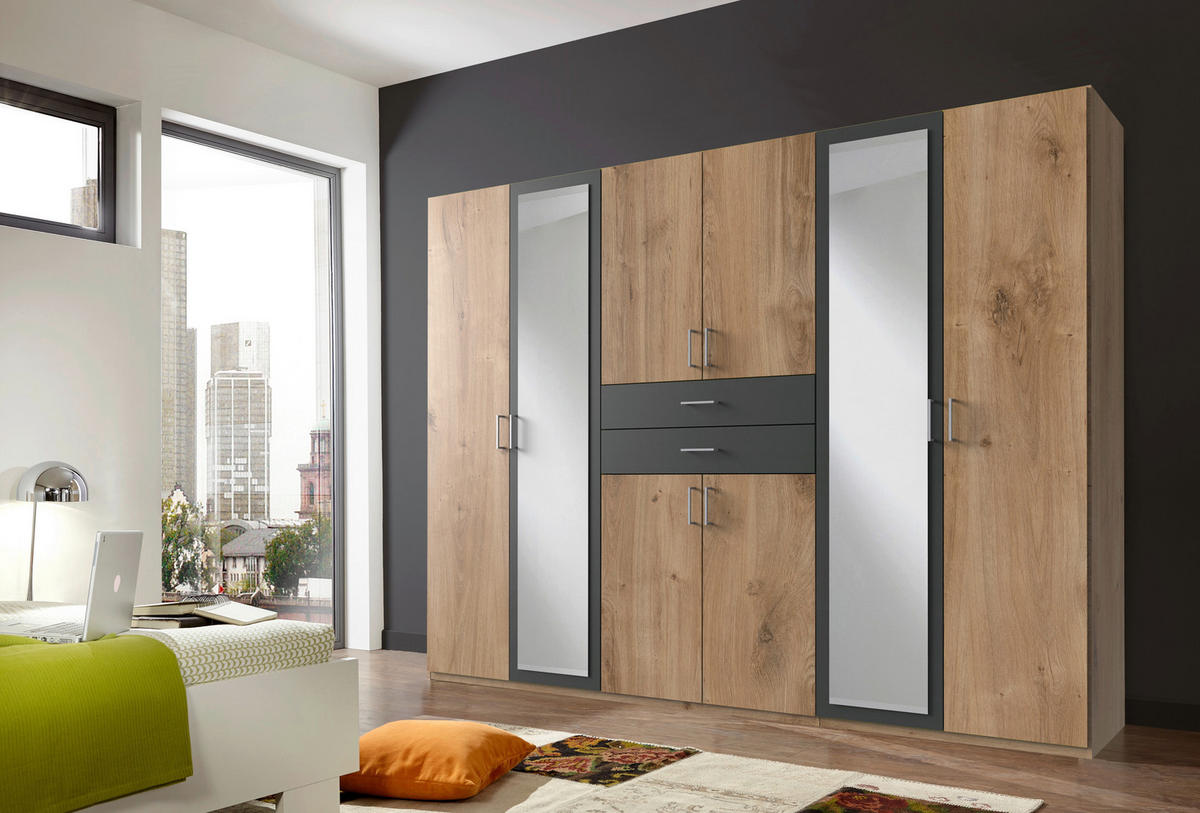 KLEIDERSCHRANK  in Plankeneiche, Anthrazit  - Plankeneiche/Anthrazit, KONVENTIONELL, Glas/Holzwerkstoff (270/208/58cm) - Carryhome