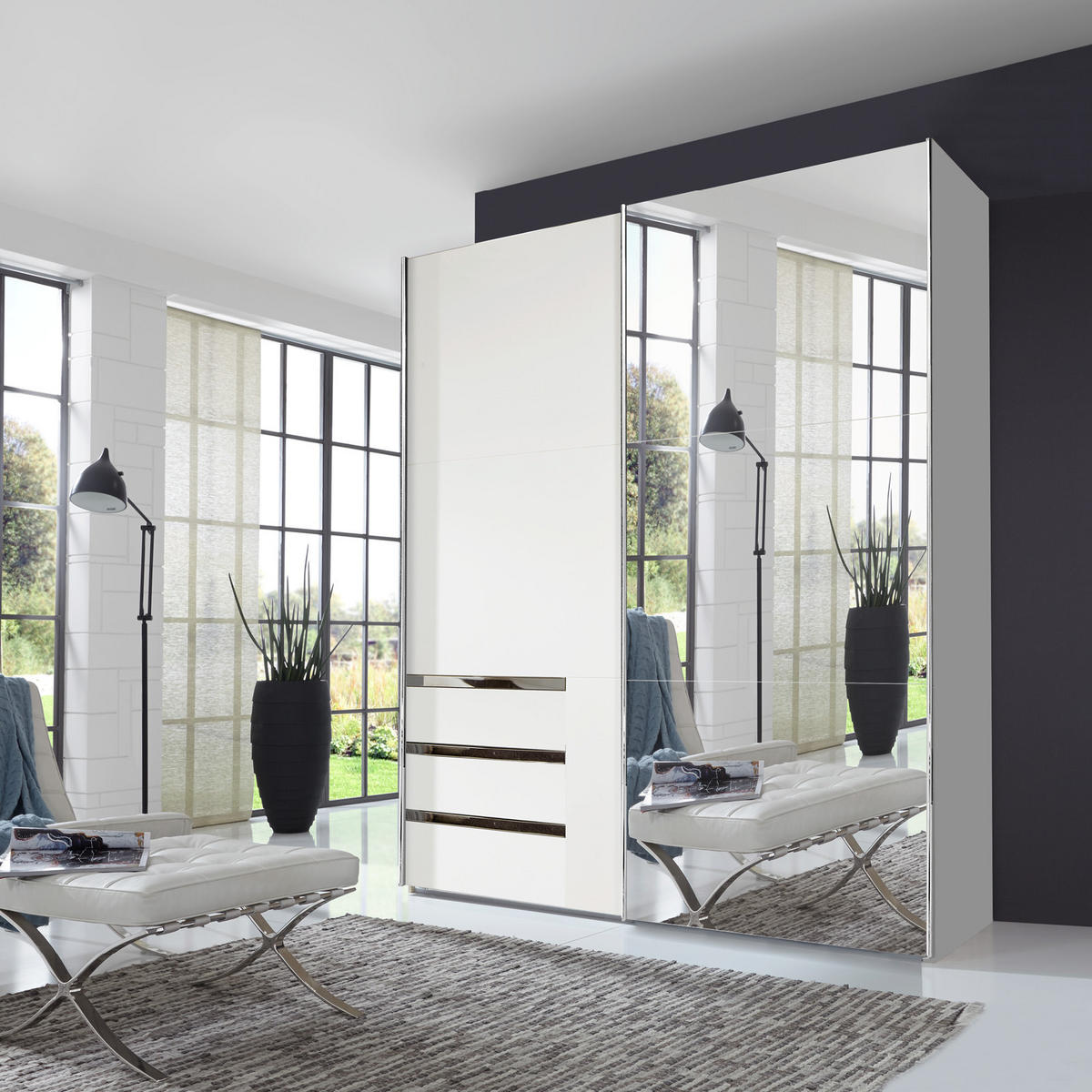 SCHWEBETÜRENSCHRANK in Weiss  - Chromfarben/Weiss, Modern, Glas/Holzwerkstoff (250/216/65cm) - MID.YOU