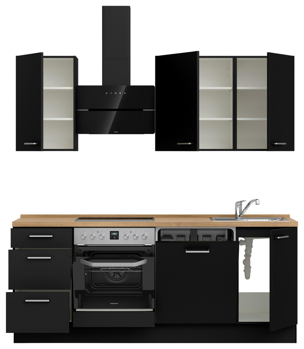 KÜCHENLEERBLOCK 210 cm   in Schwarz, Eichefarben  - Edelstahlfarben/Eichefarben, MODERN, Holzwerkstoff/Metall (210cm) - Nobilia