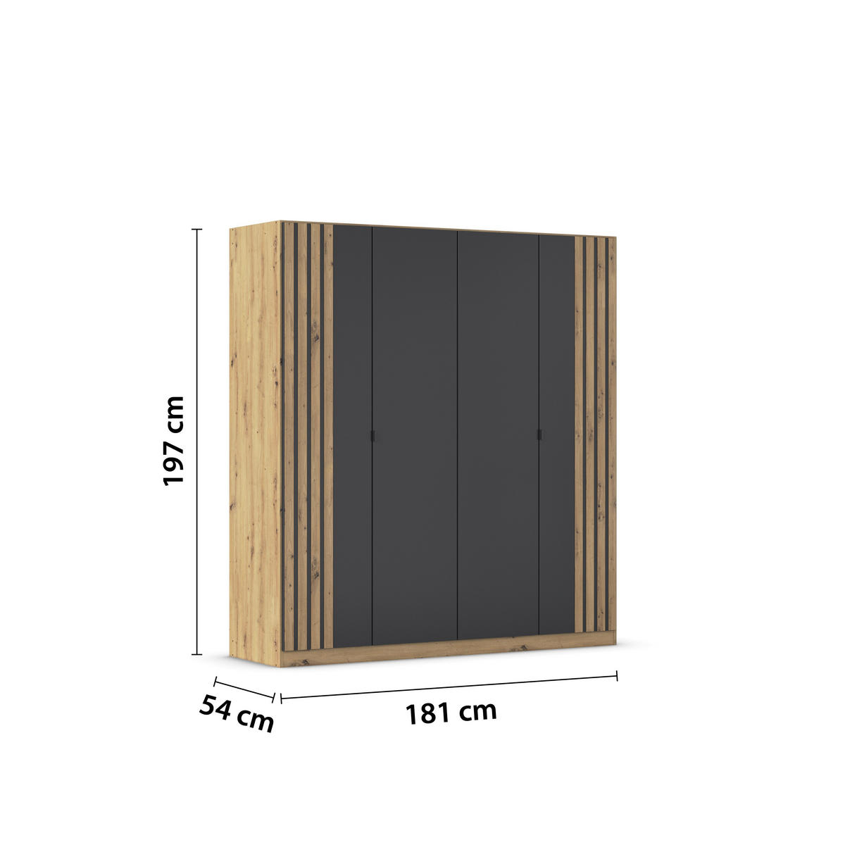 GARDEROB MED GÅNGJÄRNSDÖRRAR 181/197/54 cm 4-dörrar - grå/ek Artisan, Modern, metall/trämaterial (181/197/54cm) - Rauch Möbel