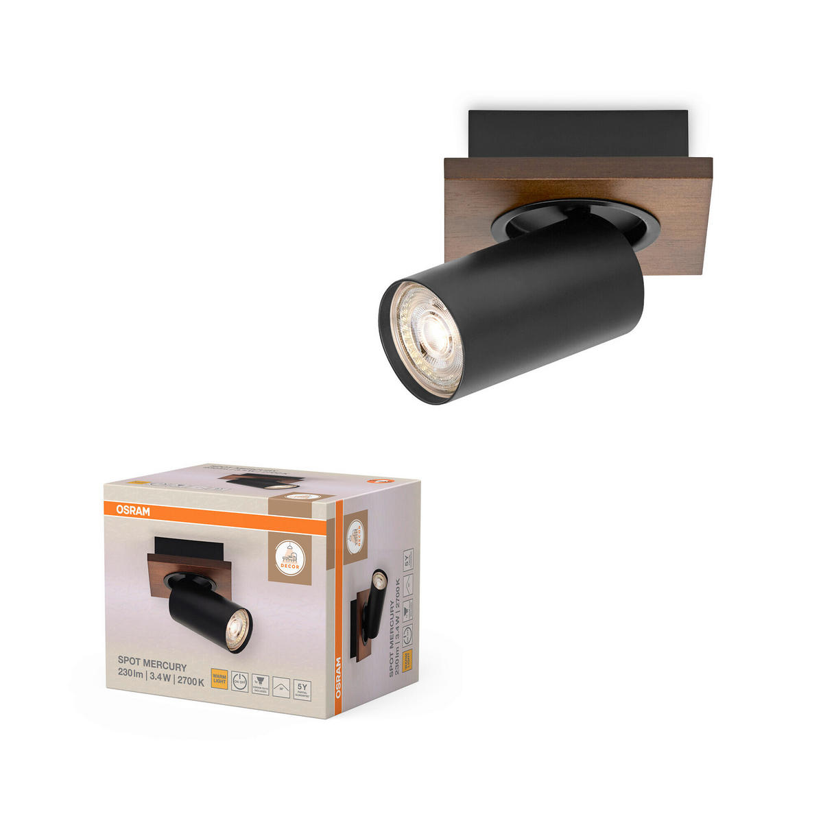 LED-STRAHLER 11/10,2/14,35 cm   - Schwarz/Naturfarben, Basics, Holz/Metall (11/10,2/14,35cm) - Osram