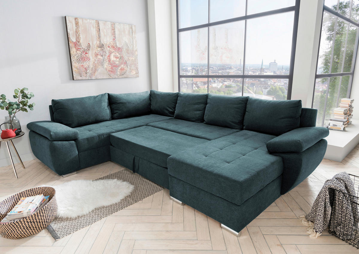 Wohnlandschaft Petrol Mikrofaser  - Chromfarben/Petrol, KONVENTIONELL (219/305/157cm) - Livetastic