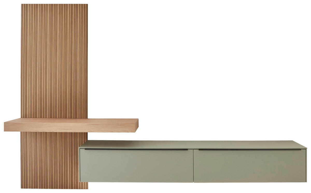 WOHNWAND  in Eichefarben, Olivgrün  322/210/49 cm  - Eichefarben/Schwarz, Design, Holzwerkstoff/Metall (322/210/49cm) - Celina Home