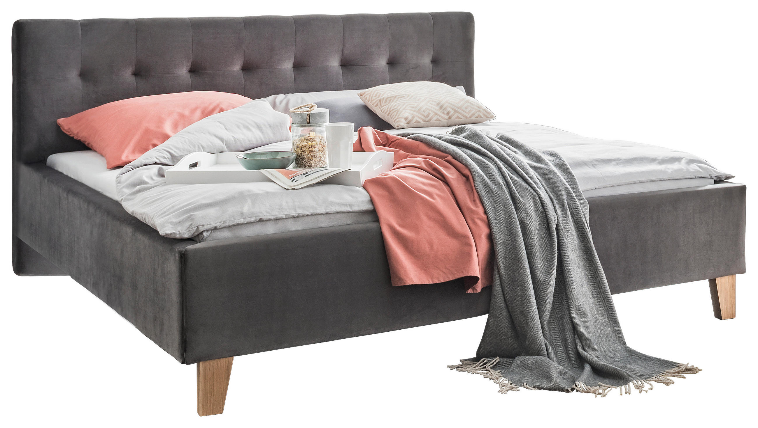 POLSTERBETT gepolstertes Kopfteil Dunkelgrau 140/200 cm  - Eichefarben/Dunkelgrau, Design, Holz/Textil (140/200cm) - Moderano