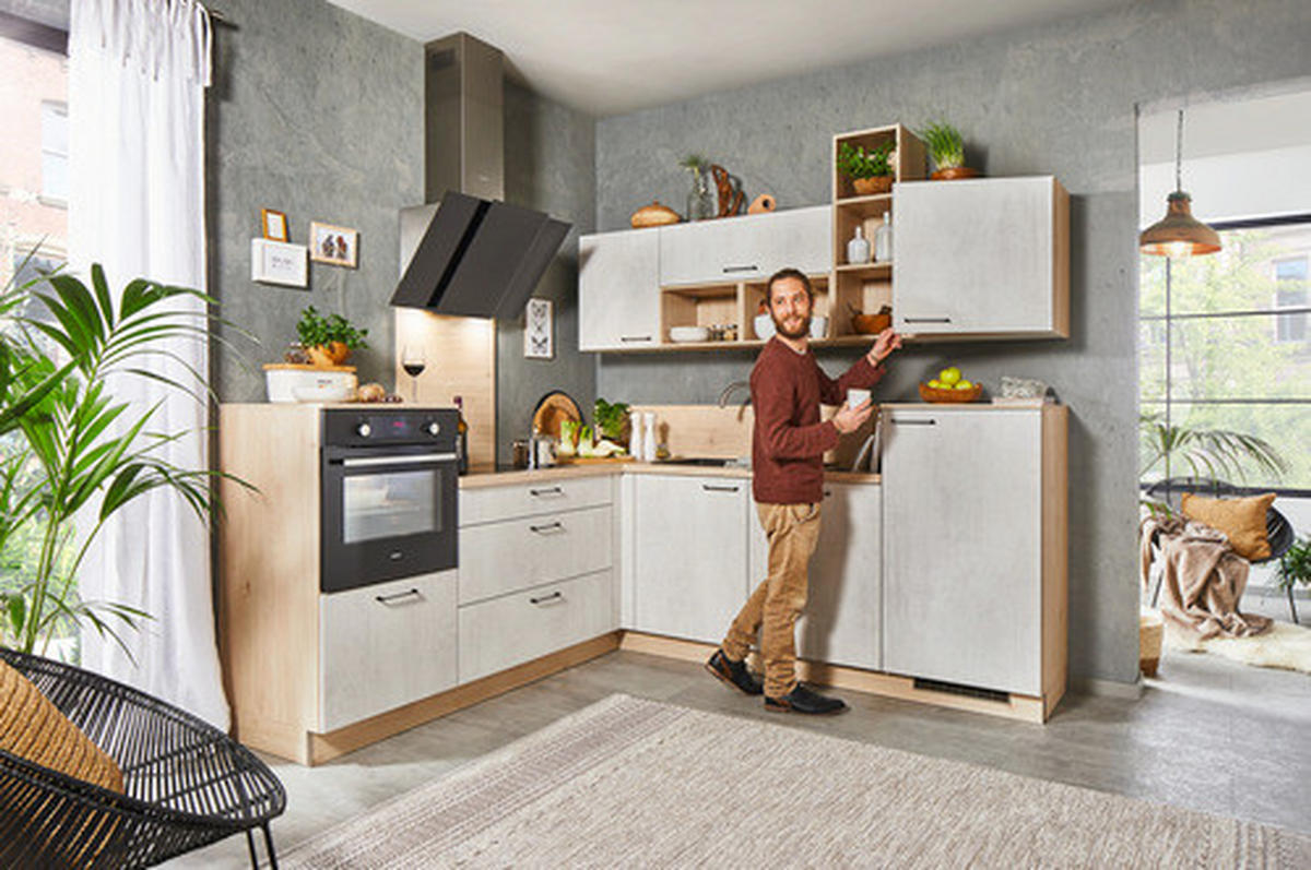 ROHOVÁ KUCHYŇA BASE 245 - biela/farba duba, Modern, kompozitné drevo (245/225cm) - Welnova