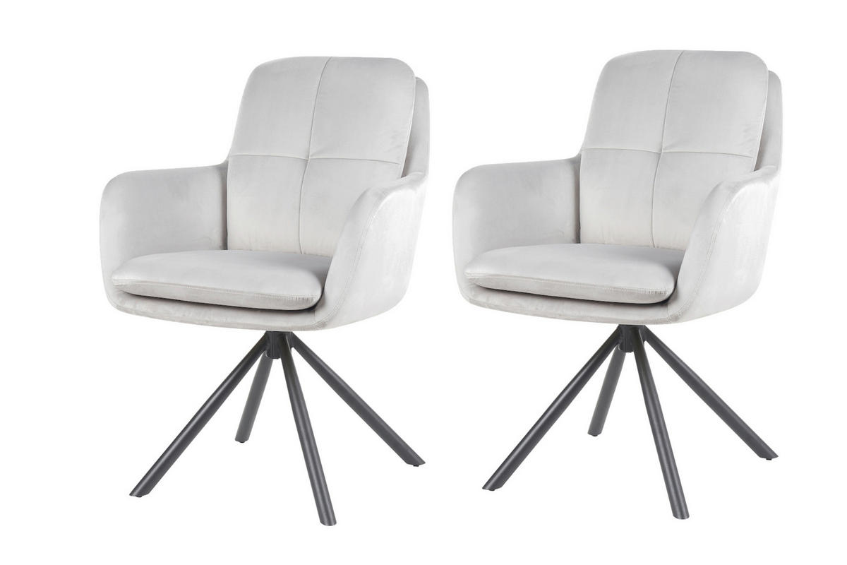 ARMLEHNSTUHL-SET 2 Stück Sitzfläche 360° drehbar, inklusive Armlehnen Samt, Velours  - Hellgrau/Schwarz, MODERN, Textil/Metall (63/89/70cm) - MID.YOU