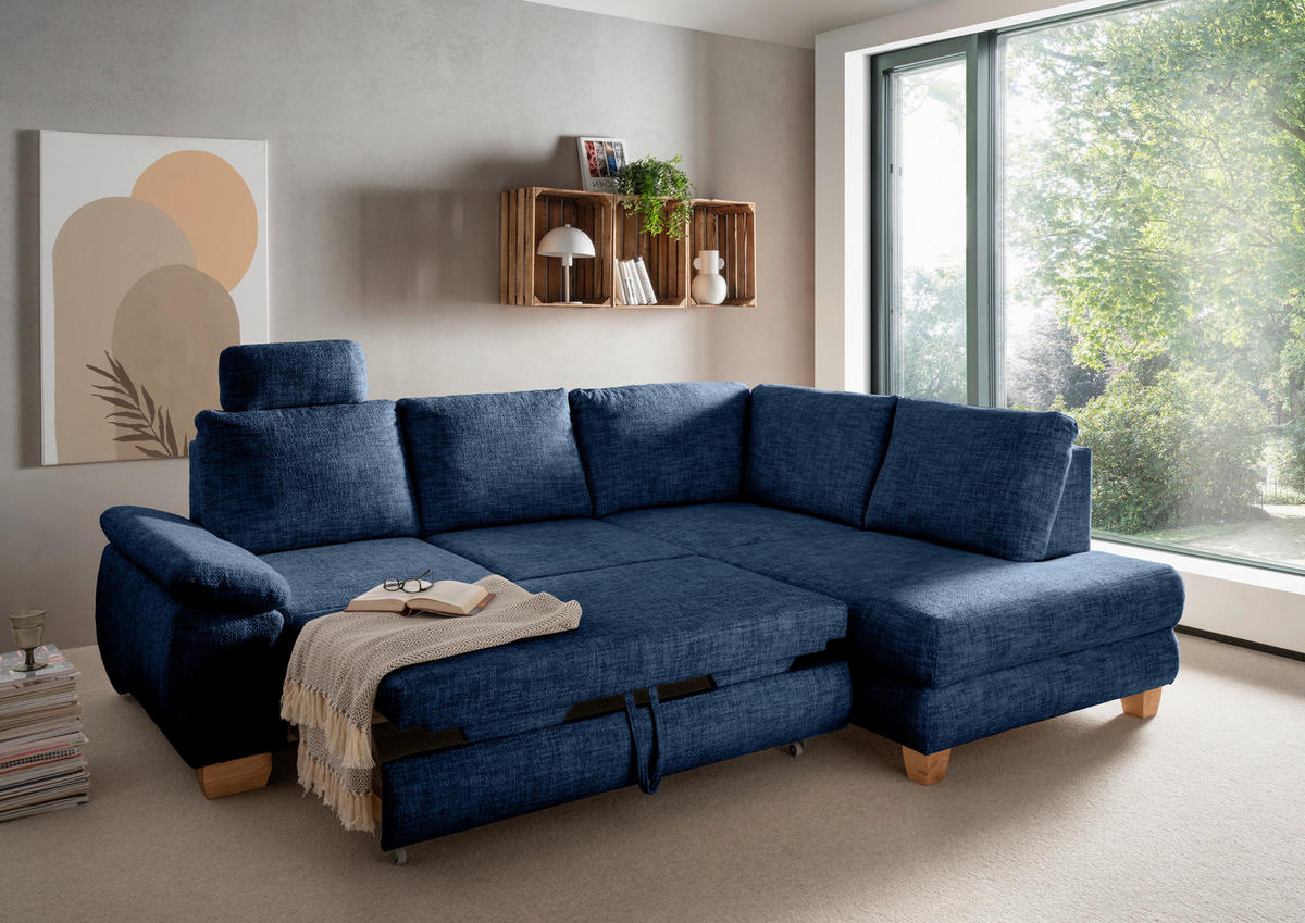 ECKSCHLAFSOFA  mit Liegefunktion, Rücken echt, Armteil links Struktur Blau  - Wildeiche/Blau, MODERN, Holz/Textil (265/206cm) - Livetastic