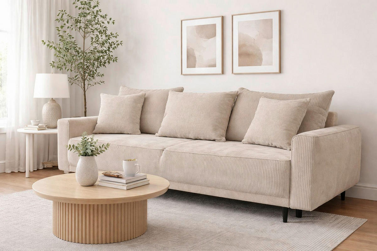 SCHLAFSOFA  in Cord, Samt Beige  - Beige/Schwarz, MODERN, Holz/Textil (232/96/112cm) - MID.YOU