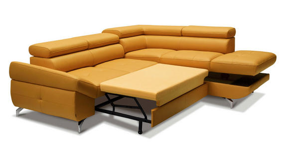 ECKSOFA in Echtleder Currygelb  - Currygelb/Silberfarben, Design, Leder/Metall (270/220cm) - Novel