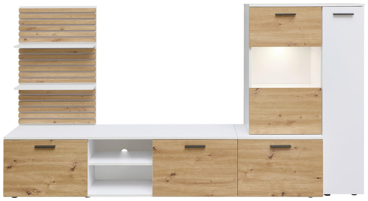 WOHNWAND  in Weiß, Eiche Artisan  250/135/38 cm  - Anthrazit/Schwarz, Design, Glas/Holzwerkstoff (250/135/38cm) - MID.YOU