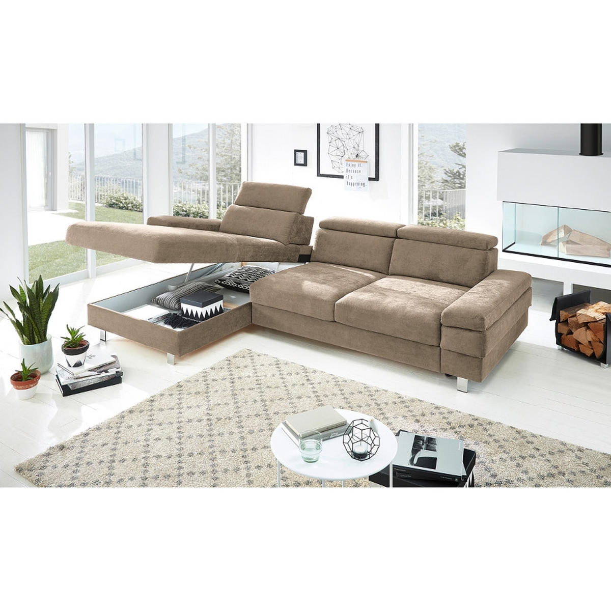 ECKSOFA in Webstoff Schlammfarben  - Schlammfarben/Silberfarben, Konventionell, Textil/Metall (260/82/182cm) - Trendmanufaktur