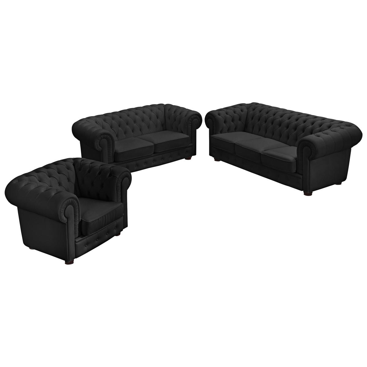 CHESTERFIELD-DREISITZER-SOFA in Echtleder Schwarz  - Nussbaumfarben/Schwarz, Design, Leder/Holz (200/76/98cm) - Max Winzer